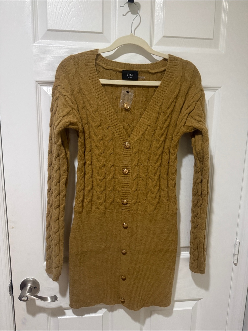 VICI Camel Cable Knit Button-Front Sweater Dress